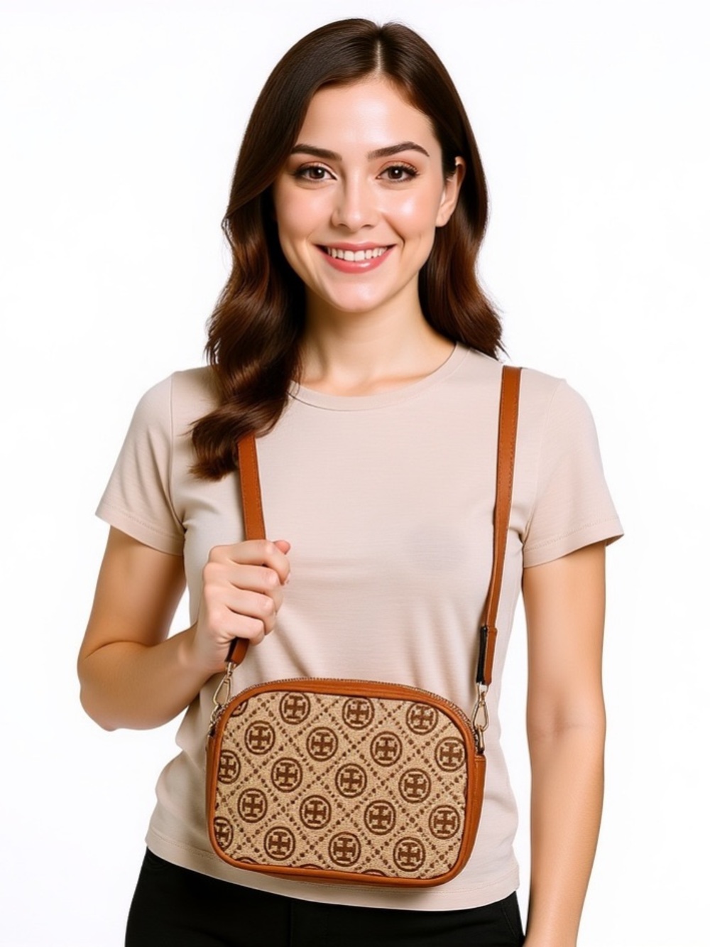 Camel Patterned Crossbody Bag with Leather Trim